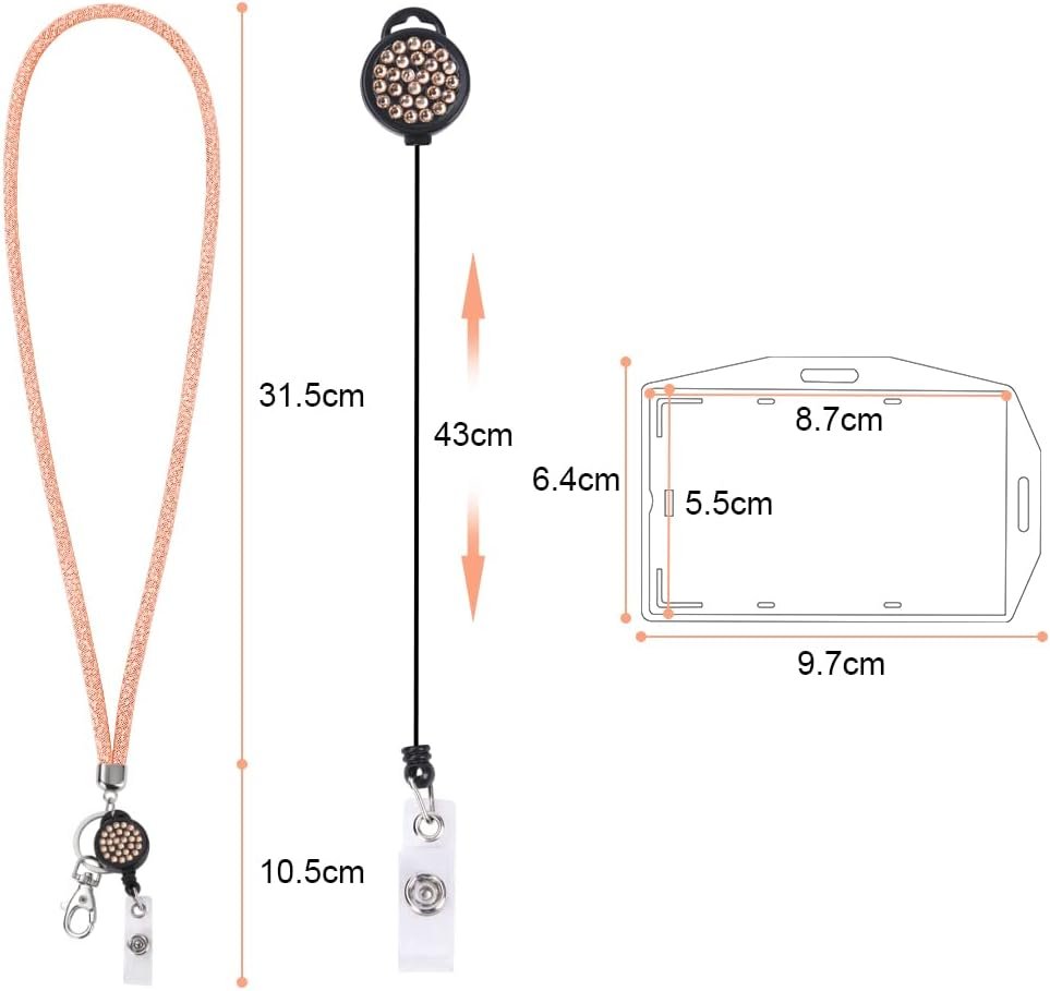 Transparante ID kaarthouder met kristallen lanyard en sleutelhanger in roségoud, 10,5 x 8,7 cm
