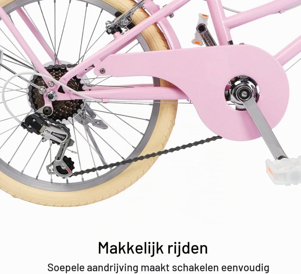 Meisjesfiets 24 inch met 6 versnellingen, rieten mand, Shimano derailleur en zijstandaard – comfortabele cruiser stadsfiets voor meisjes