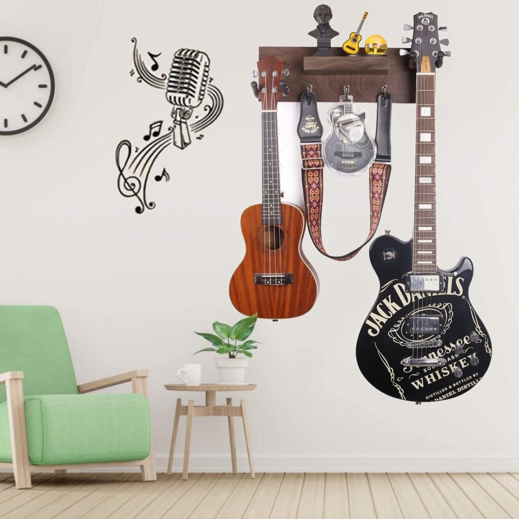 Gitaar wandhouder met houten plank van zwart walnoothout, pickhouder en 3 metalen haakjes voor elektrische en akoestische gitaren
