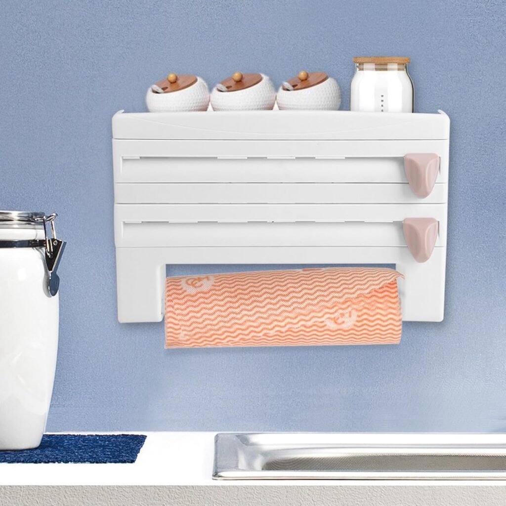 Wandhouder voor plasticfolie en keukenrol met snijbladen, multifunctioneel wit keukenrek van 39 x 10 x 24 cm