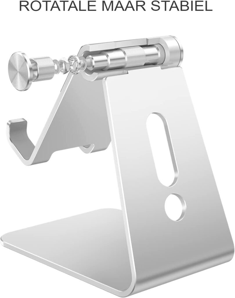 Verstelbare aluminium telefoonstandaard voor smartphone en tablet op bureau, ergonomisch design voor handsfree gebruik