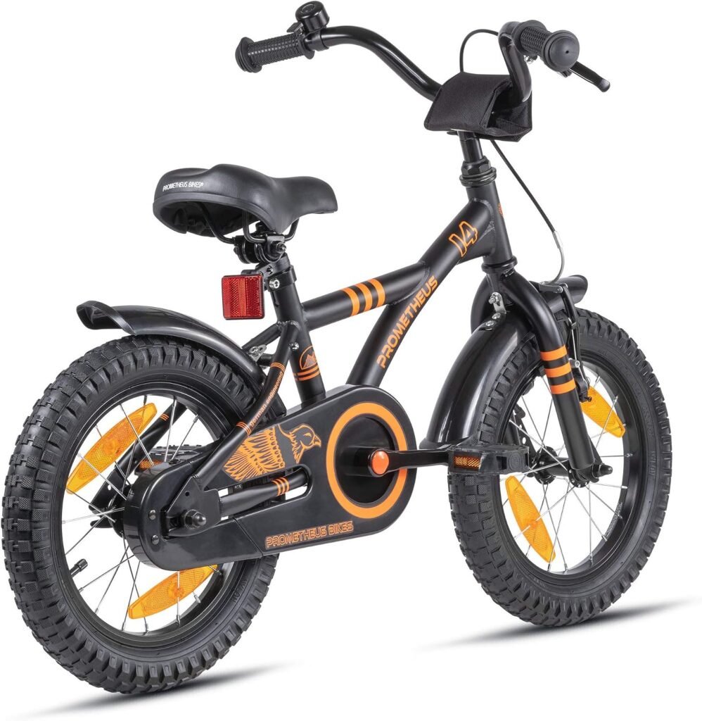 Kinderfiets 14 inch zwart mat met oranje accenten, zijwieltjes, terugtraprem en verstelbaar zadel en stuur