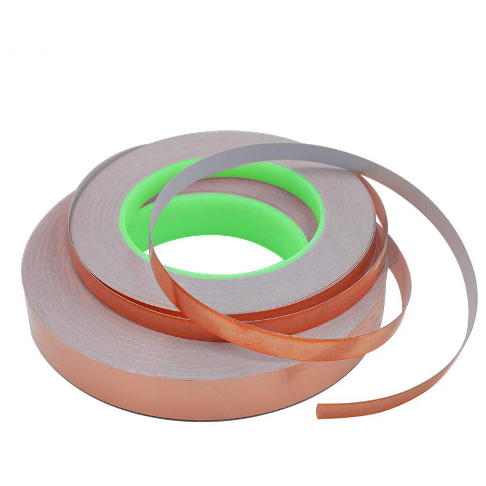 Dubbelzijdige koperen folietape 50 m x 10 mm, geleidend voor EMI-afscherming, elektrische reparaties en solderen, 2 rollen
