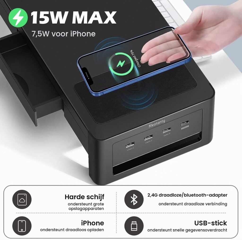Monitorstandaard met USB-poorten, ergonomische monitorverhoger voor computer met geïntegreerde USB-aansluitingen