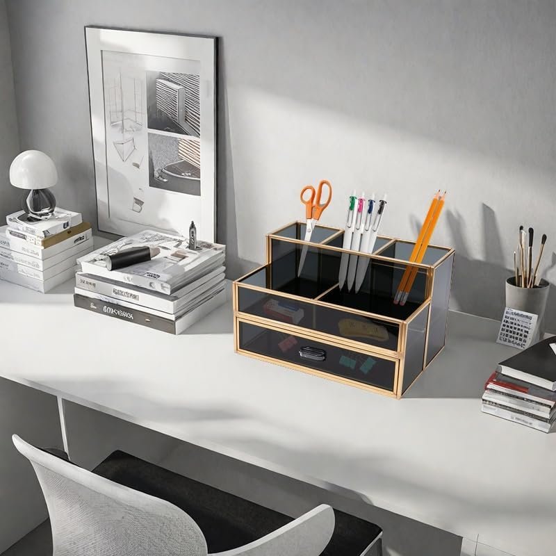 Zwarte cosmetische organizer met lades, glazen make-up opberger en kwastenhouder