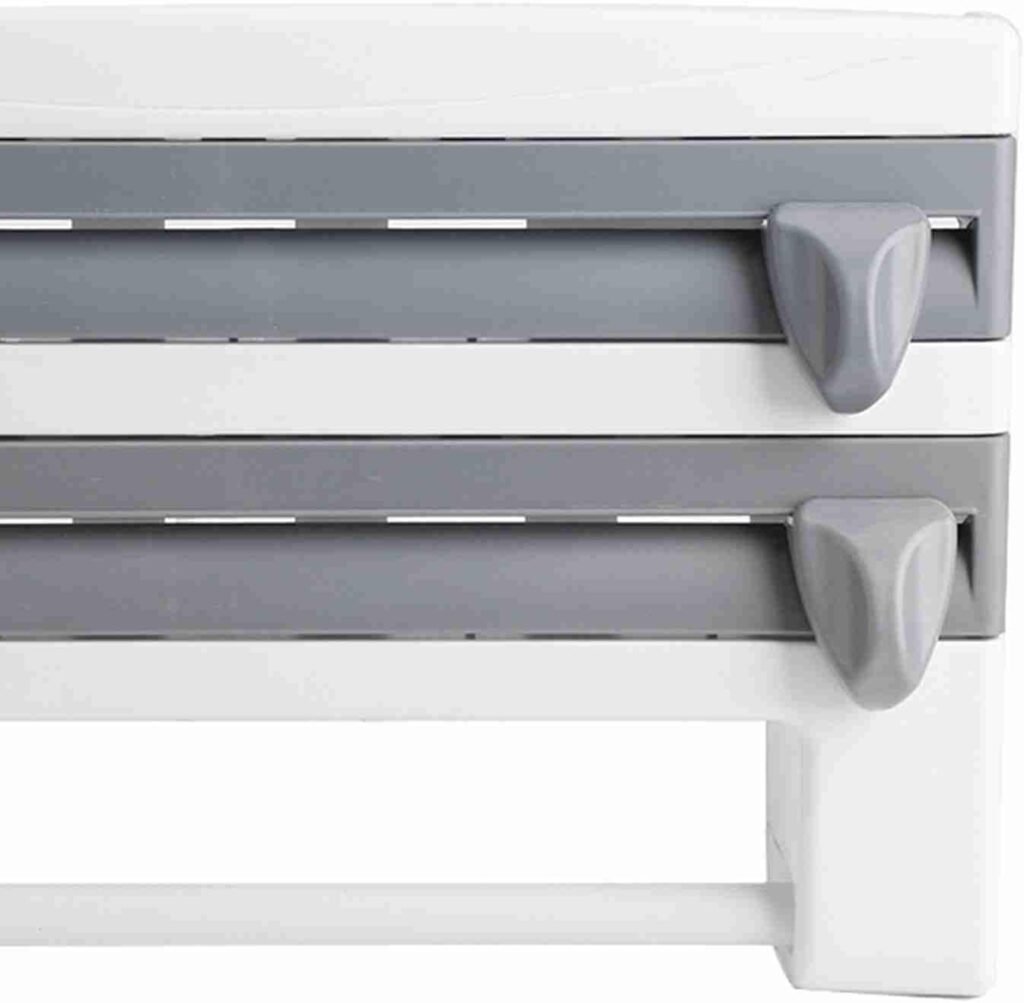 Wandhouder voor plasticfolie en keukenrol met snijbladen en opbergruimte, grijs-wit, 39 x 10 x 24 cm