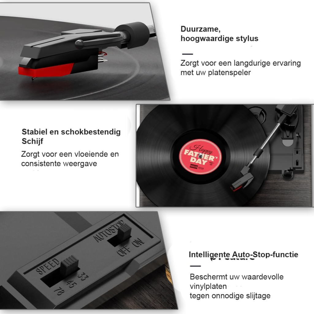 Platenspeler met ingebouwde stereo speakers, Bluetooth en retro walnoothoutdesign met 3 afspeelsnelheden van 33, 45 en 78 RPM