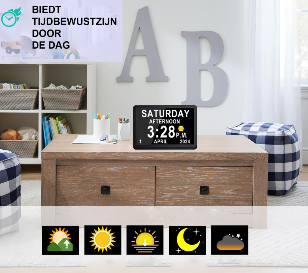 Digitale kalenderklok van 10 inch voor senioren met dag-, datum- en tijdweergave, zon- en maaniconen en instelbare herinneringen