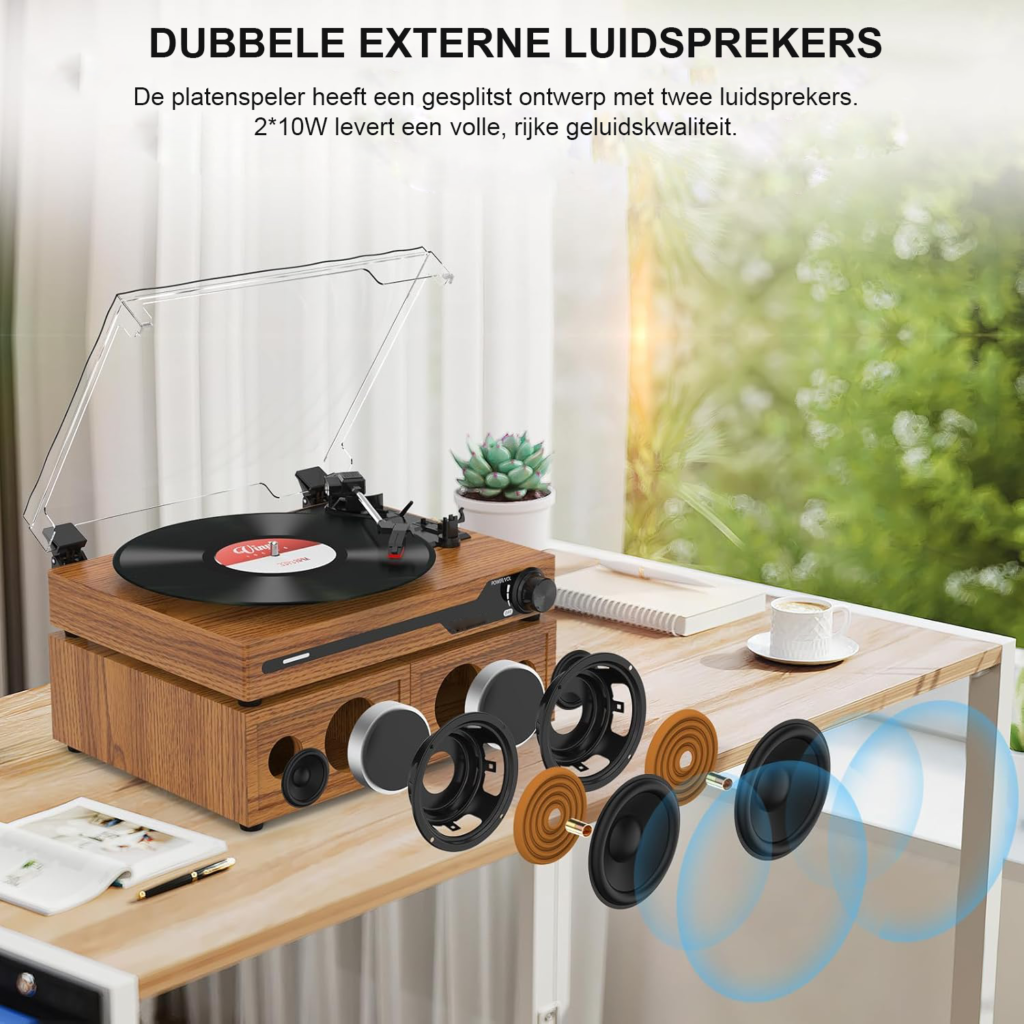 Gele vintage platenspeler met 2 stereo speakers, Bluetooth 5.3, USB en 3 afspeelsnelheden