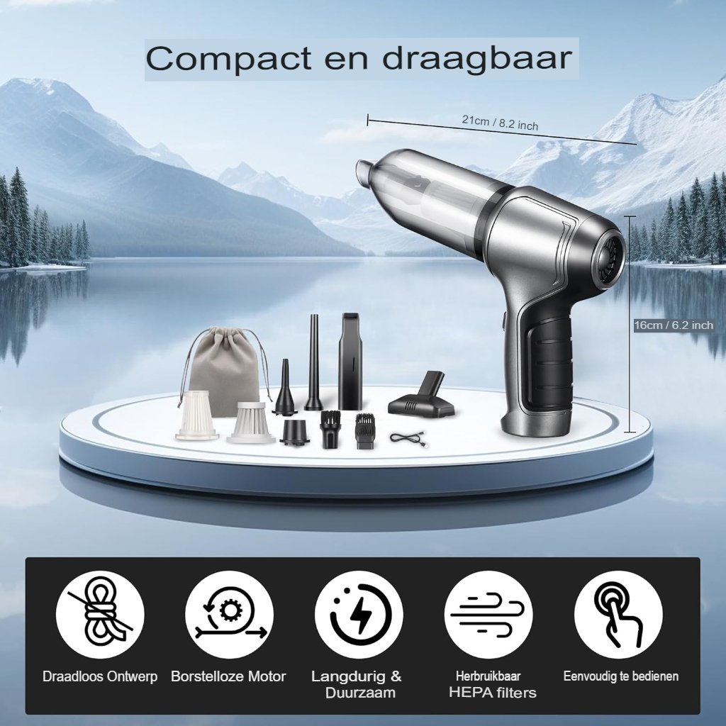 Draadloze handstofzuiger 15000 Pa, 3-in-1 oplaadbare mini stofzuiger met borstelloze motor voor auto, huis en kantoor