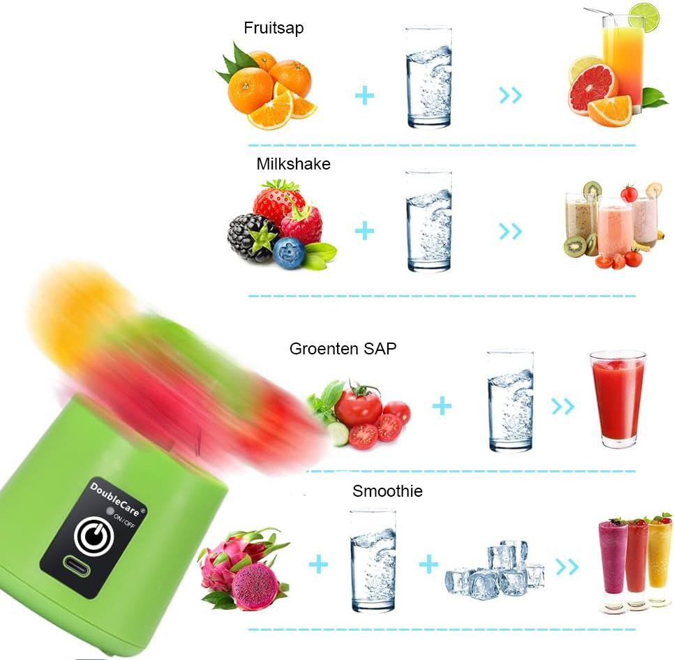 Draagbare USB-blender 380 ml groen met 6 messen voor smoothies en shakes