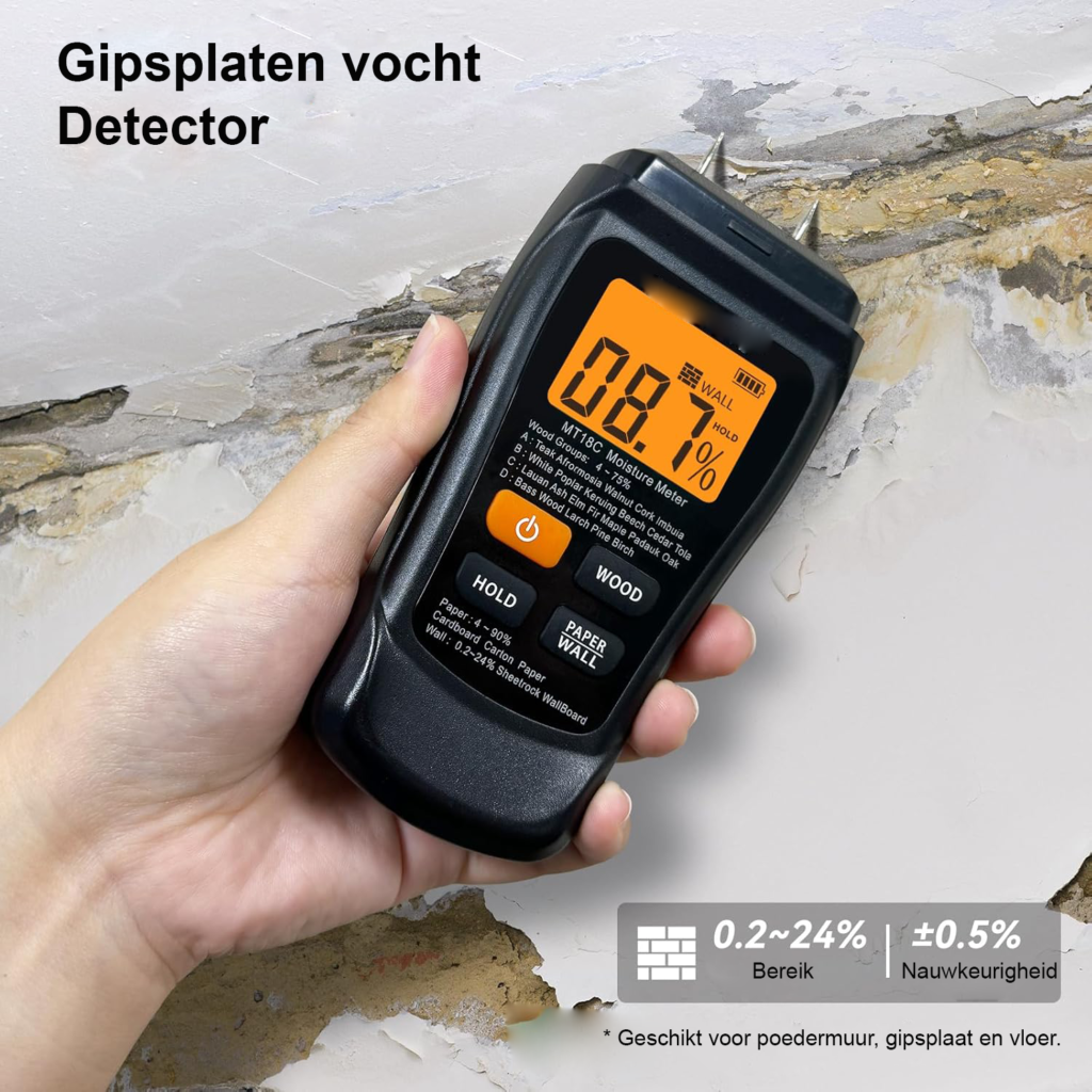 Digitale houtvochtmeter met 2 meetpennen en kleurendisplay voor hout, muren en vloeren