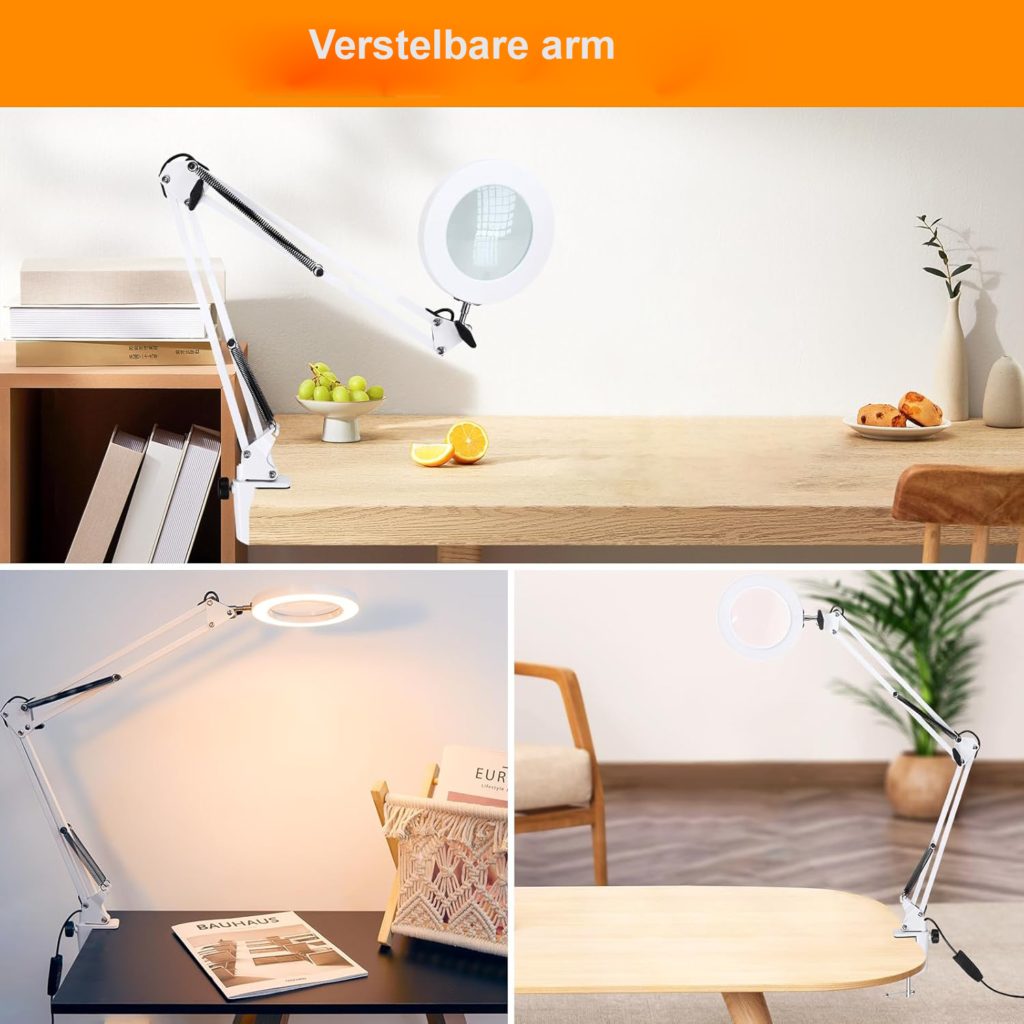 LED vergrootglaslamp met klem, 10x vergroting, dimbare verlichting en 3 kleurmodi, wit