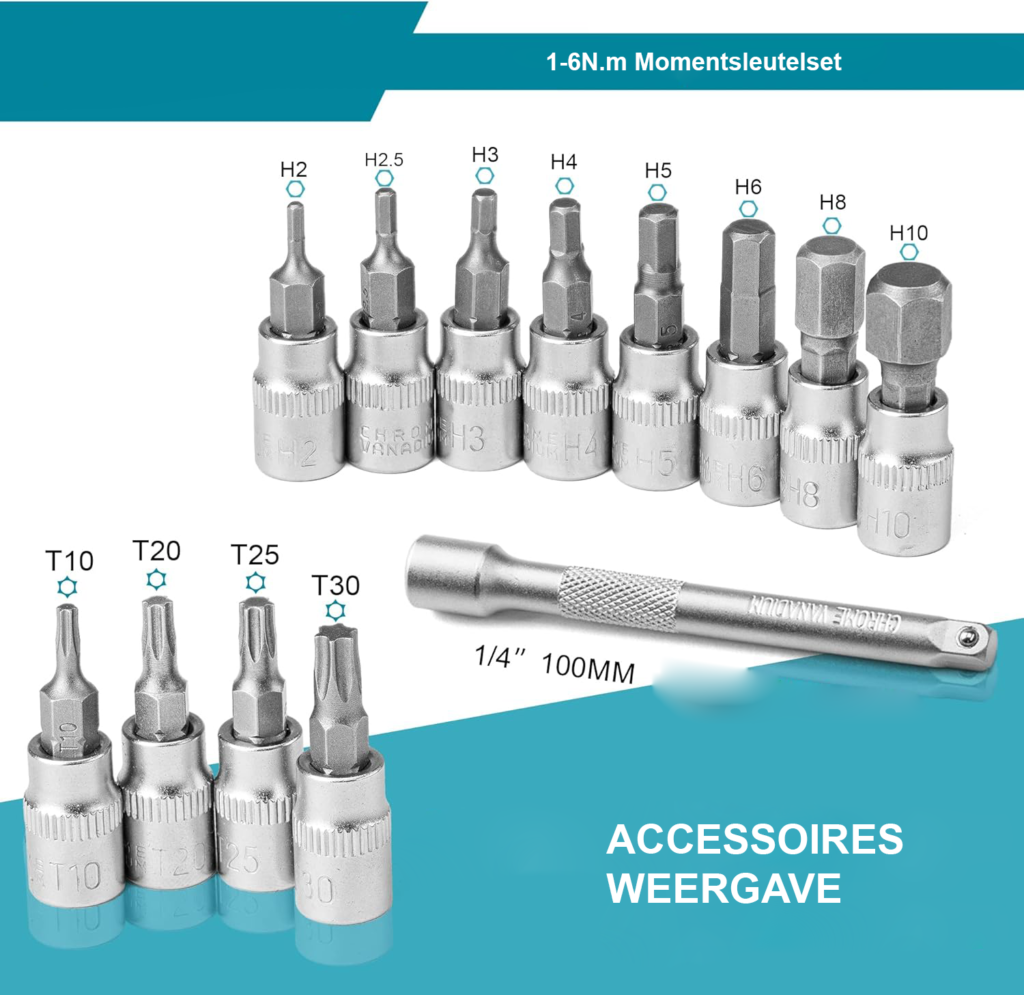 Momentsleutel 1/4 inch 5-25 Nm met zeskant- en Torx bits, dopsleutels en verlengstang voor fietsonderhoud