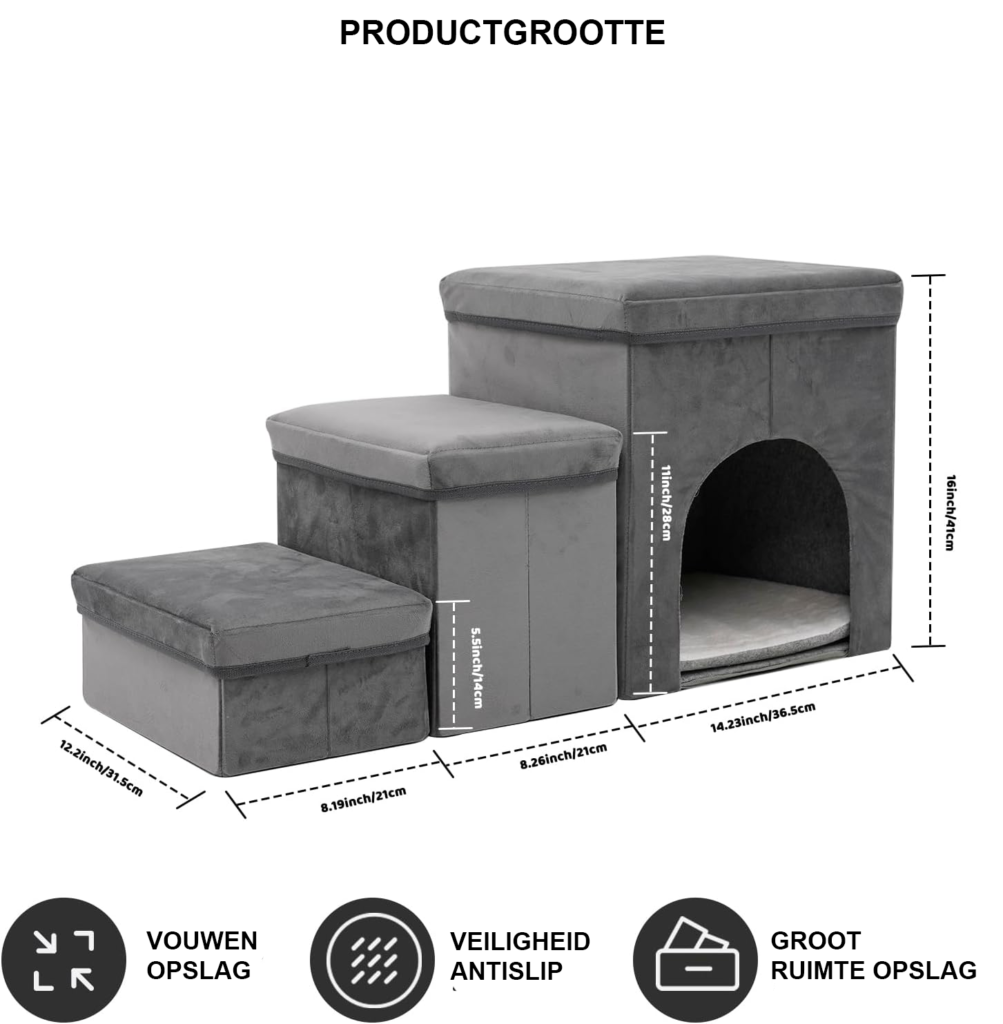 Hondentrap met 3 treden en opbergruimte, 60 cm hoog, grijs-blauwe zachte trap voor kleine honden en oudere katten