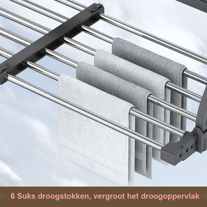 Uitschuifbare kledingdroger voor verwarming en balkon met verstelbare hoogte van 64 tot 110 cm en 6,6 meter drooglijnlengte