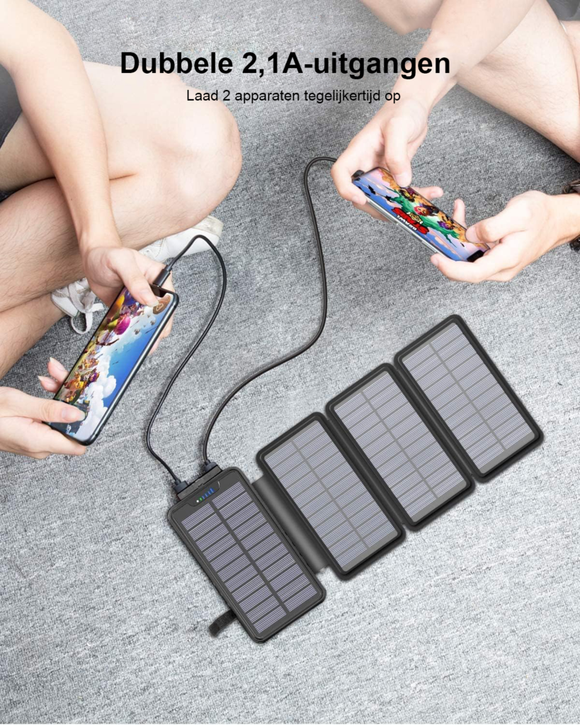 Solar powerbank 26800mAh met 4 opvouwbare zonnepanelen, USB-A en USB-C, waterdichte externe batterij met zaklamp
