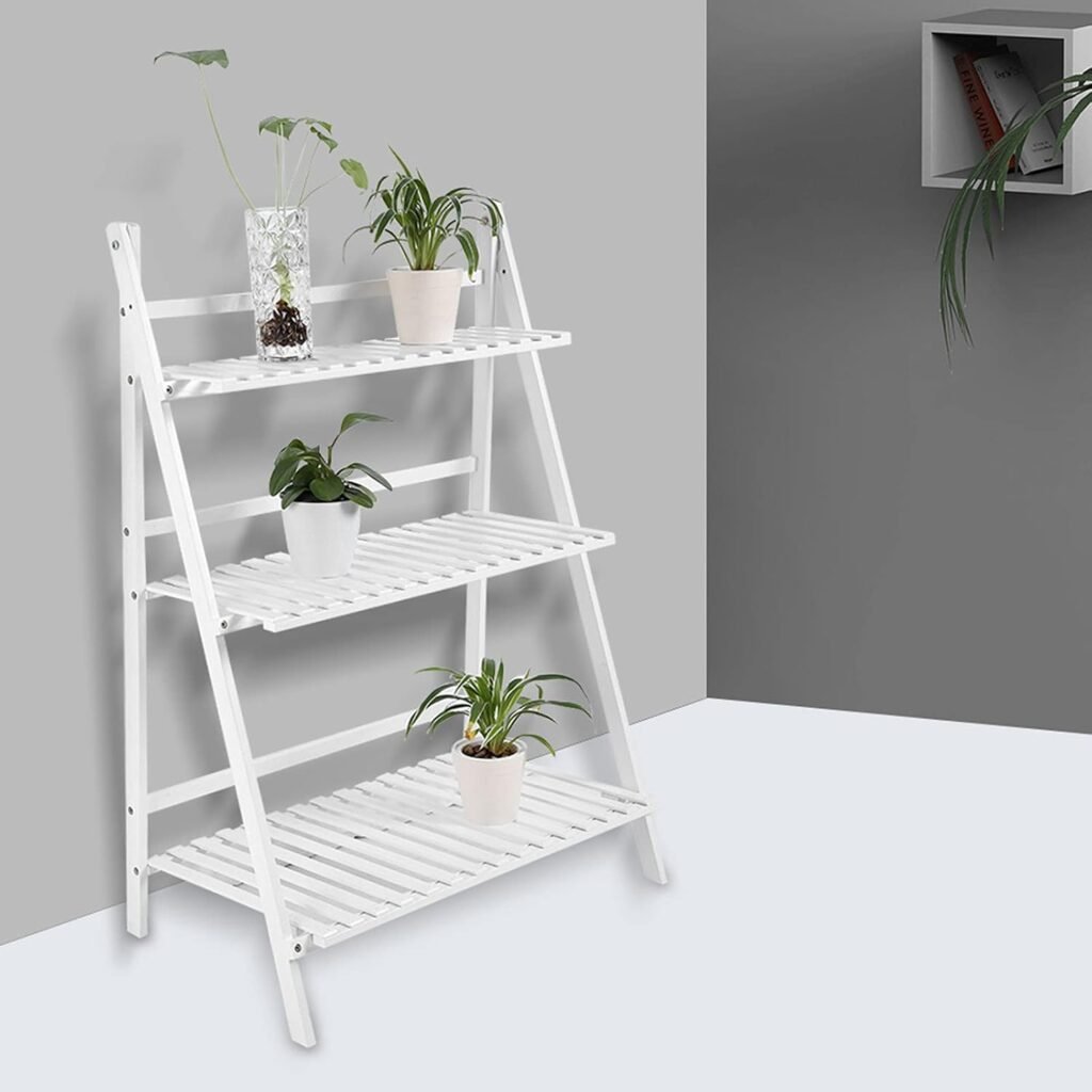 Vouwbaar plantenrek met 3 niveaus van bamboe, wit, 70 x 40 x 96 cm