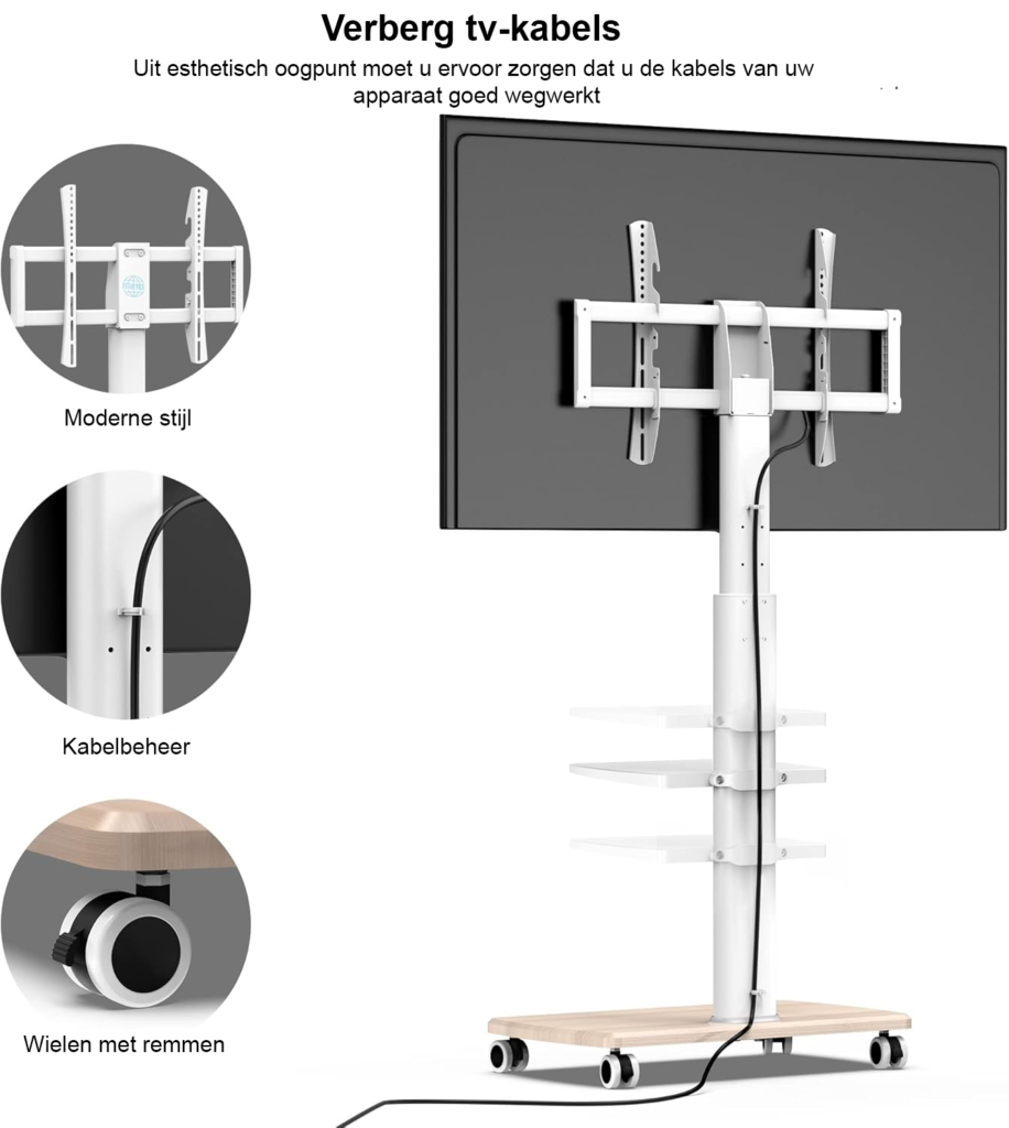 Mobiele TV Standaard op Wielen - Draaibare TV Trolley met Verstelbare Hoogte - Voor 32-70 Inch Televisies - Wit met Houten Voet en VESA 600x400 mm
