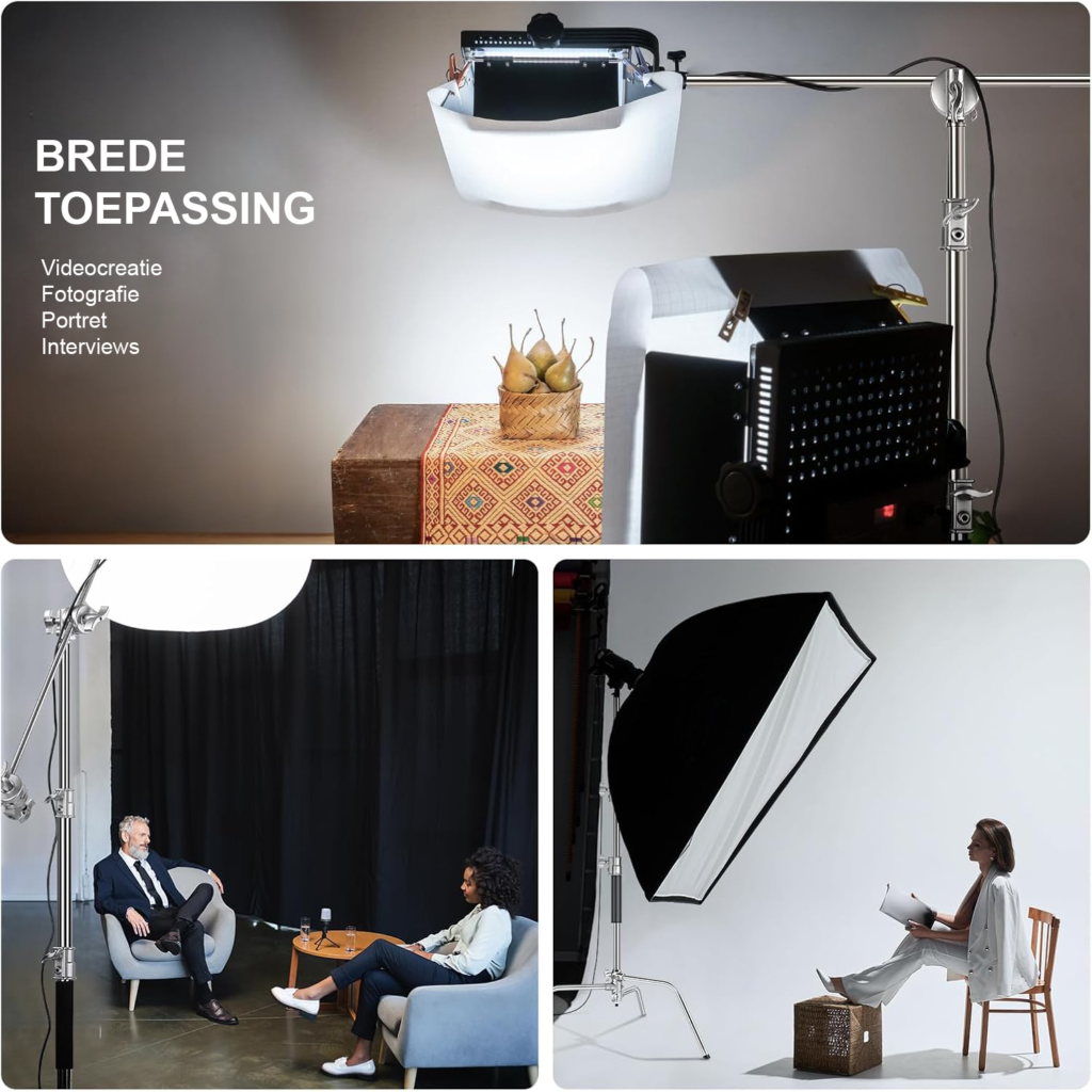 Professioneel C-stand lichtstatief van roestvrij staal, verstelbaar tot 172 cm met boomarm van 83 cm en 2 grip heads voor studioverlichting, softbox en reflector