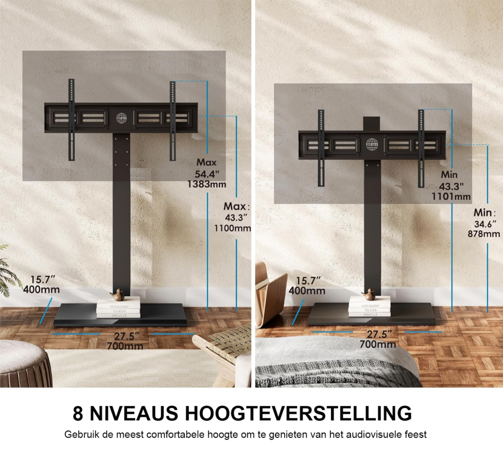 TV standaard met ijzeren basis voor 50-85 inch tv, draaibaar en in hoogte verstelbaar, zwart, VESA 800x400 mm