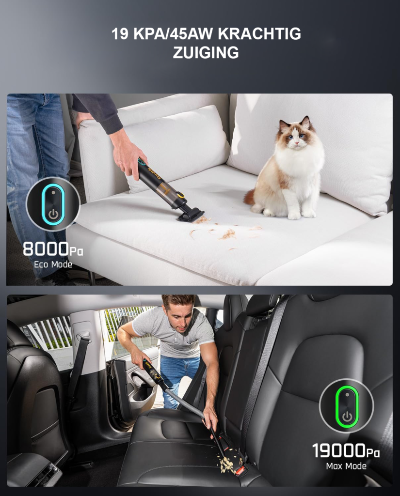 Auto Stofzuiger 19000 Pa - Draadloze Handstofzuiger 4-in-1 - Draagbare Mini Stofzuiger voor Auto en Huis - USB-C Snelladen, 40 Minuten Werktijd