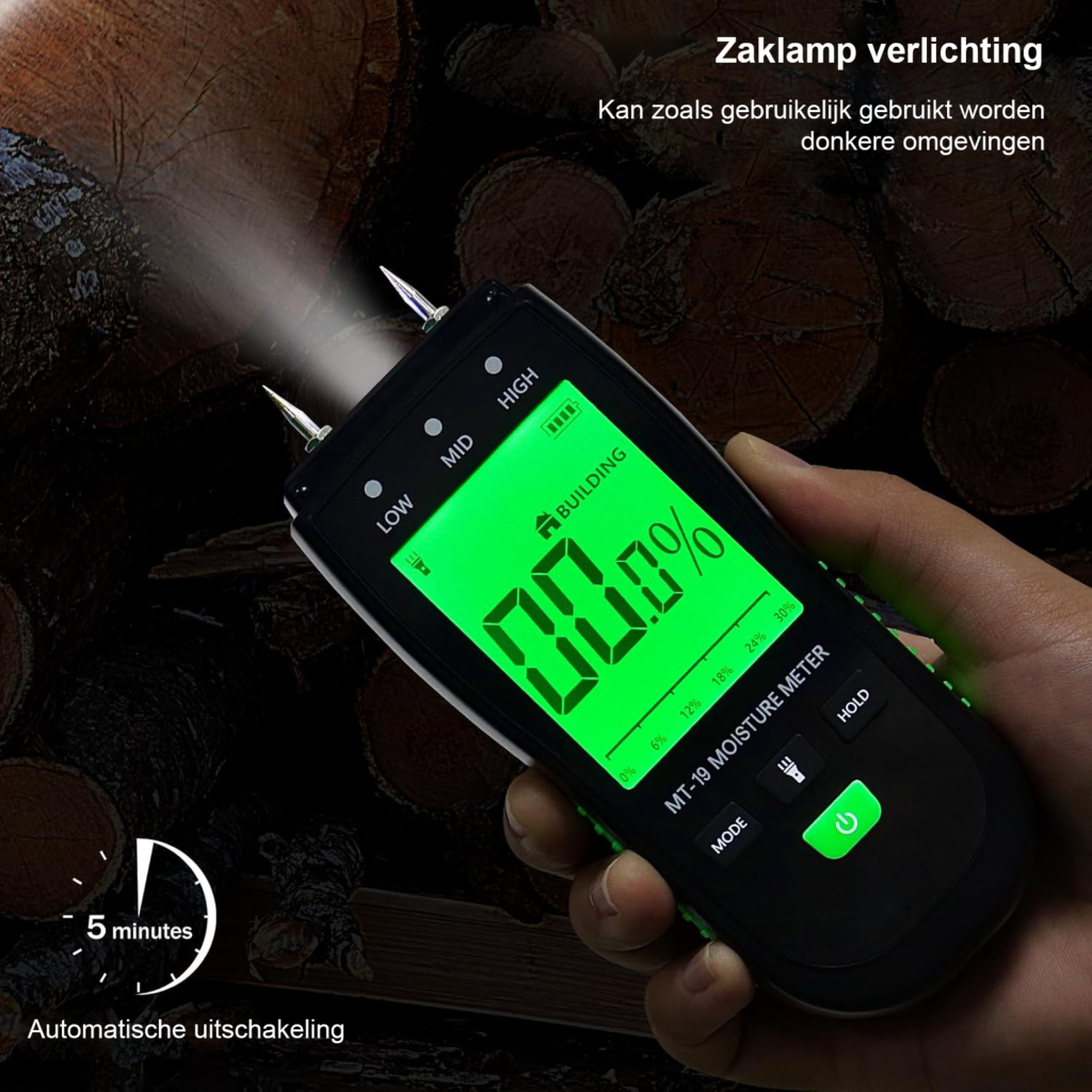 Vochtmeter voor hout, muren en bouwmaterialen voor het meten van vocht in haardhout, vloeren en wanden