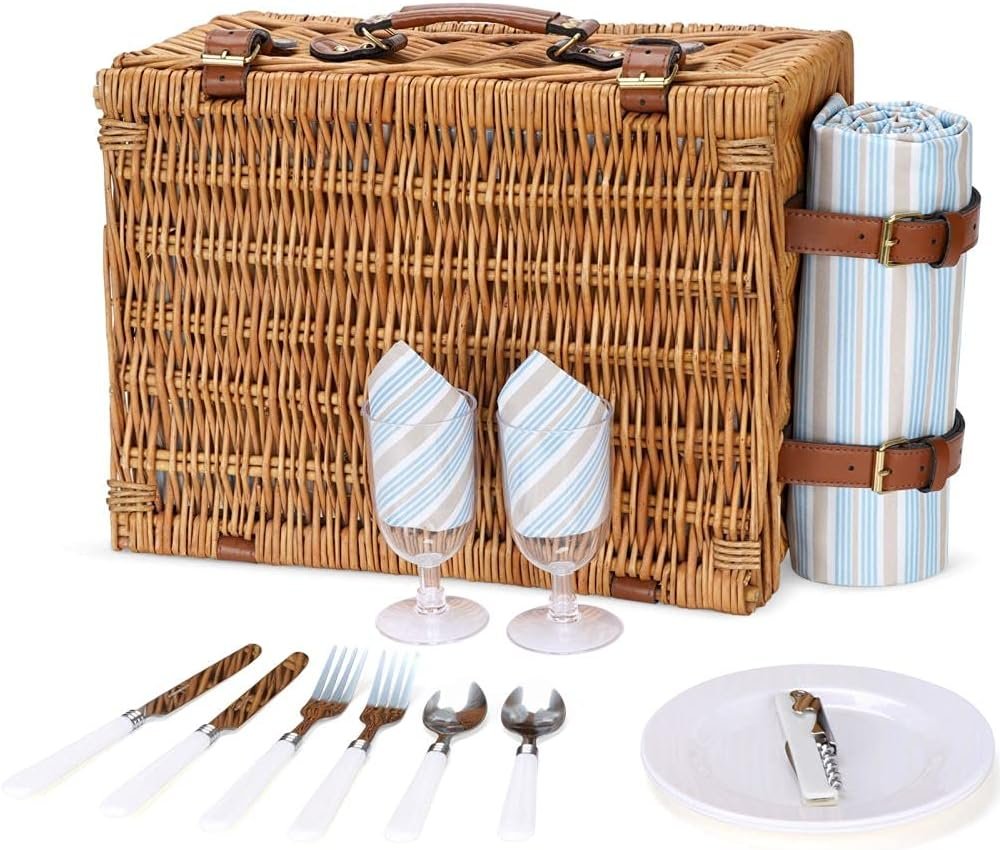 Picknickmand voor 2 personen van wilgenhout met geïsoleerd koelvak, waterdichte picknickdeken en picknickservies met bestek, borden, glazen en flesopener