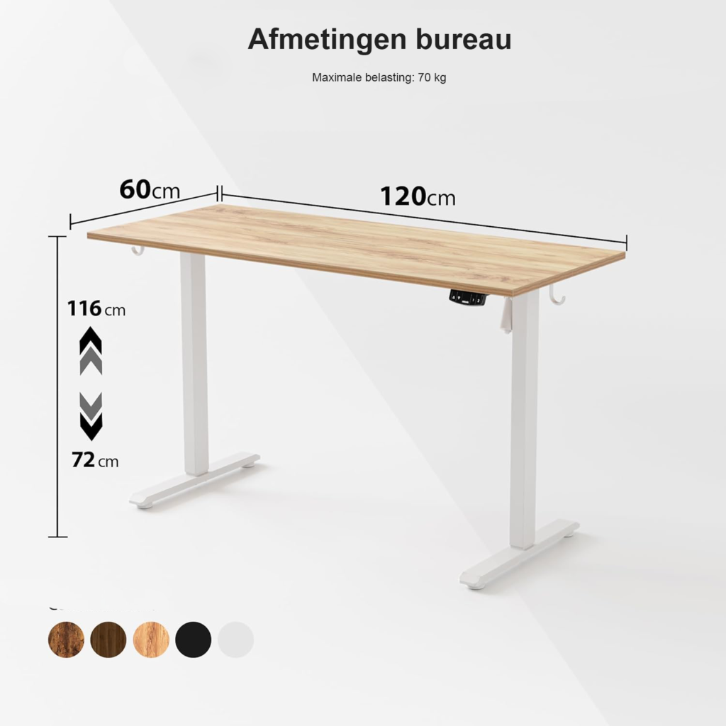 Elektrisch verstelbaar sta bureau 120 x 60 cm in lichtbruin met geheugenfunctie en anticollisiesysteem