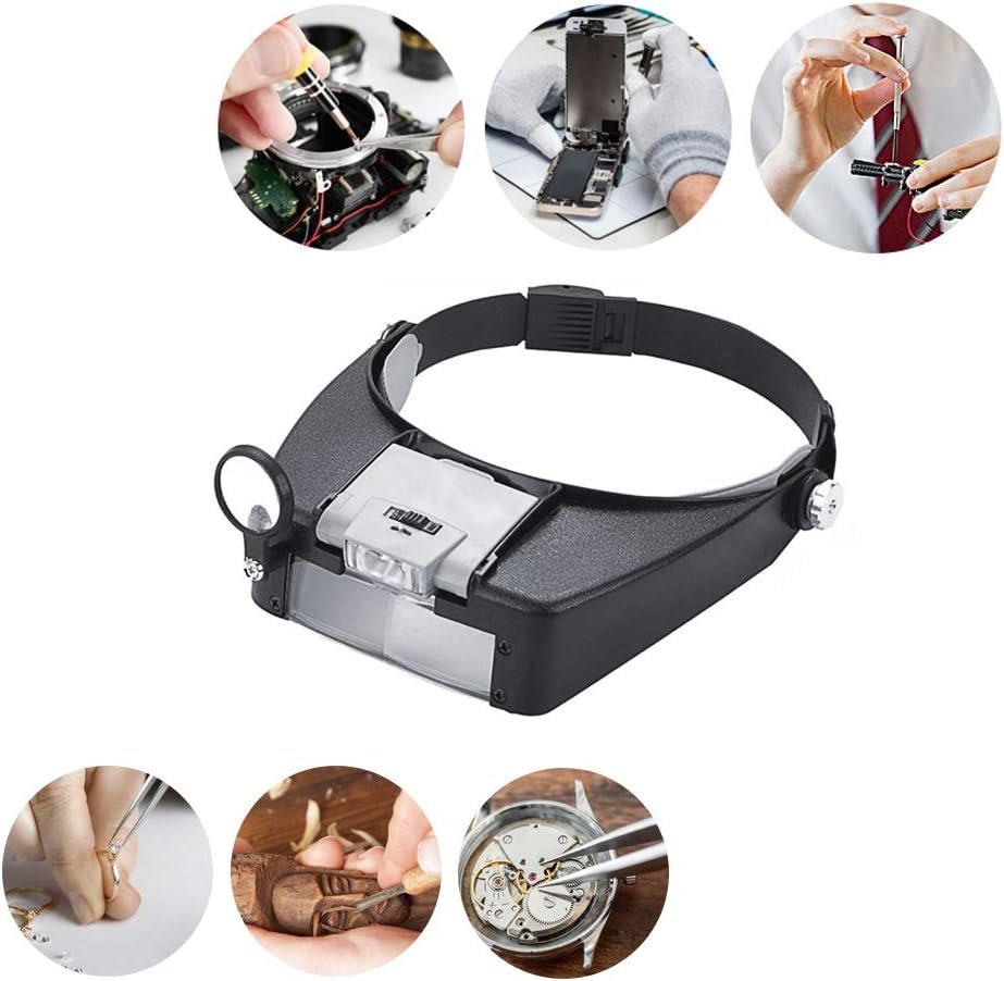 Hoofdband vergrootglas met LED-verlichting en instelbare lens voor handsfree precisiewerk, geschikt voor brildragers, juwelen, diamanten, postzegels en tandheelkunde