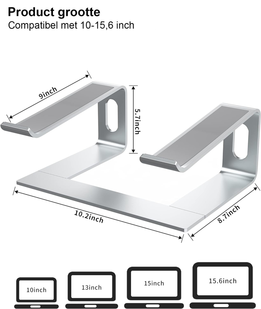 Ergonomische laptopstandaard van aluminium voor bureau, geschikt voor laptops van 10 tot 15,6 inch, zilver