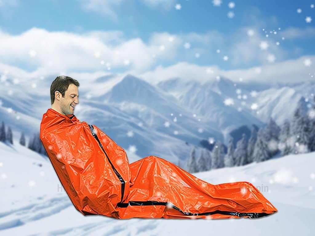 Set van 2 oranje noodslaapzakken, isolerende warmtedekens voor EHBO, overleving, kamperen en wandelen