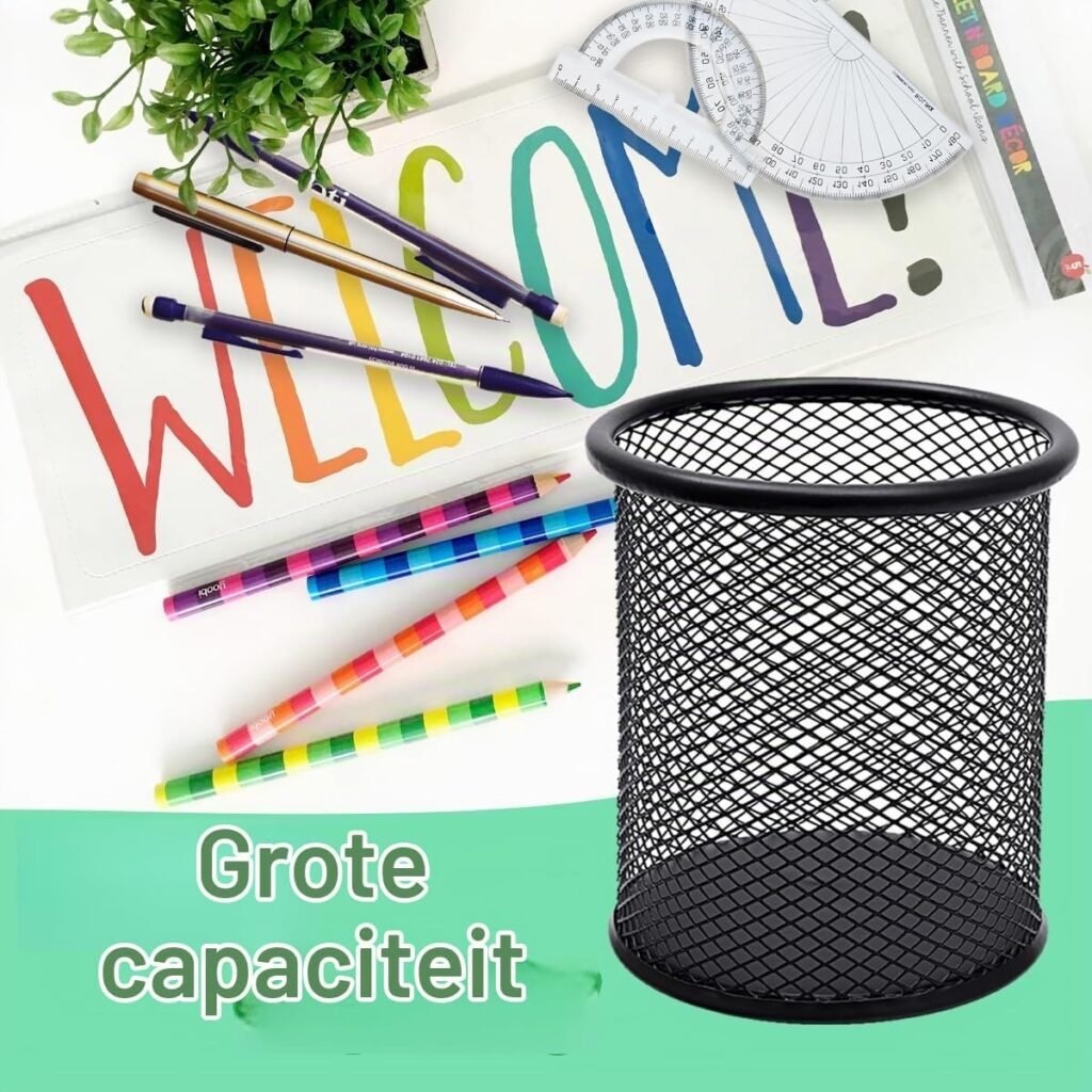 Zwarte metalen mesh pennenhouder set van 2 voor pennen, potloden en kantoorbenodigdheden