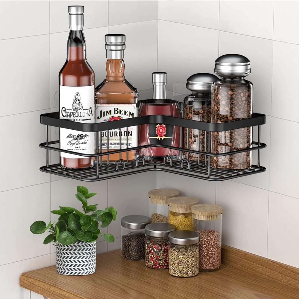 Hoek douche caddy set van 2 zwart met zelfklevende RVS doucheplanken en 8 haken