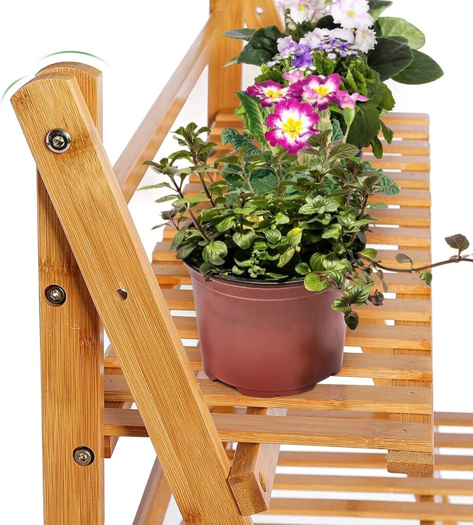 3-laags bamboe plantenrek in houtkleur, vouwbare bloemenladder voor binnen, balkon, woonkamer en tuin, 70 x 40 x 96 cm