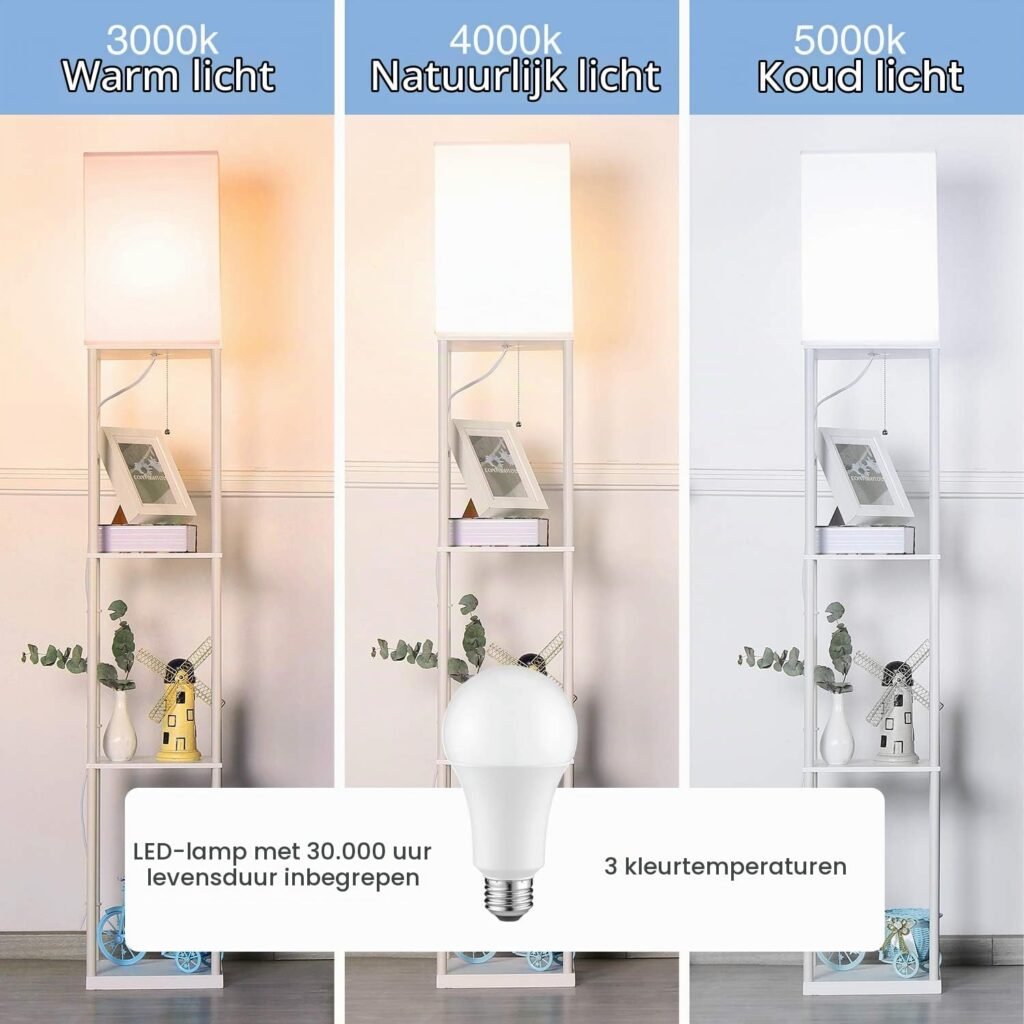 Witte dimbare LED vloerlamp met houten plank, 3 kleurtemperaturen en 9W LED voor woonkamer, slaapkamer of kantoor