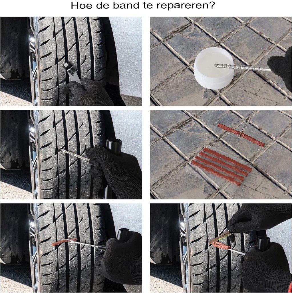 Bandenreparatieset met compressor en digitale bandenspanningsmeter voor auto en motorfiets