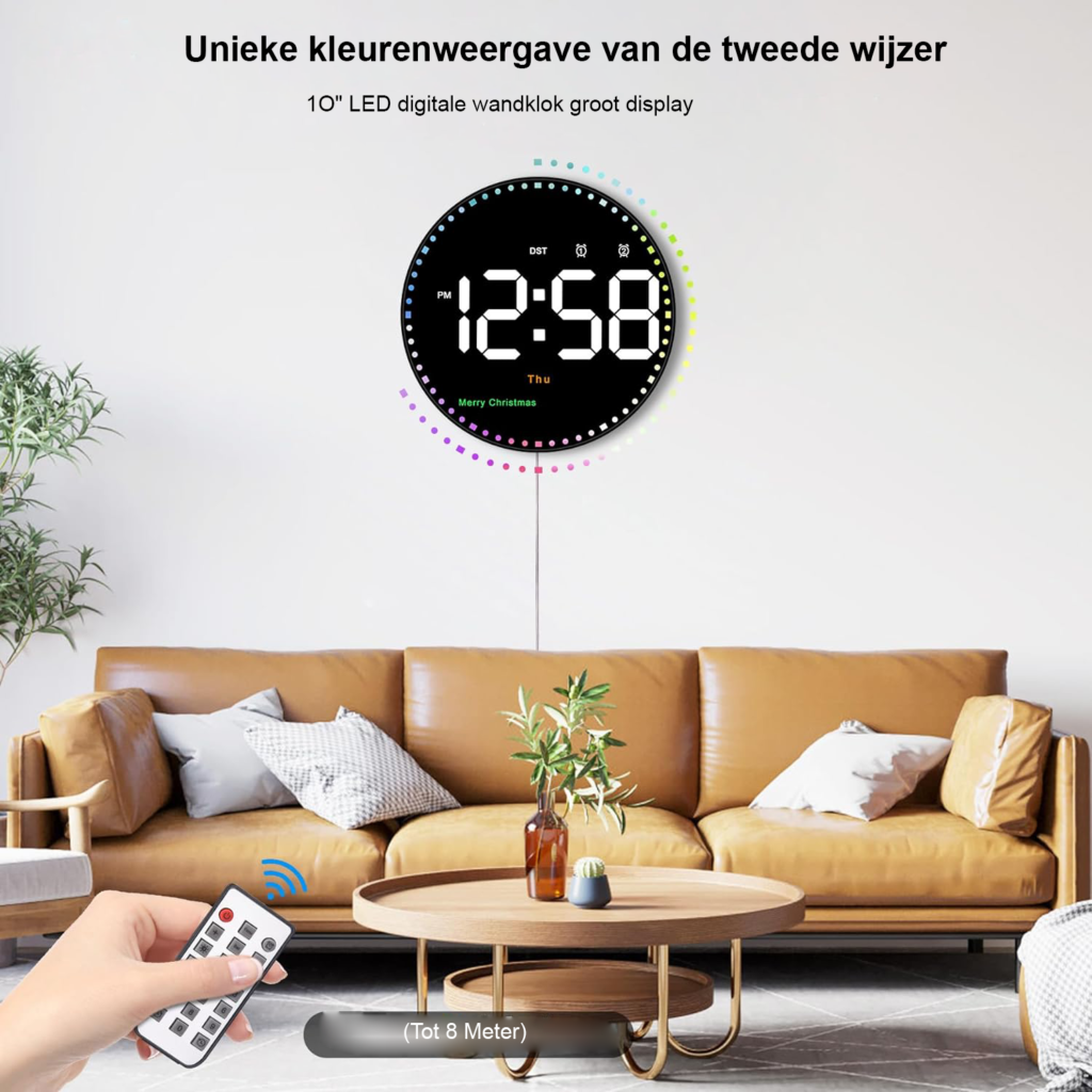 Digitale wandklok 10 inch met kleurrijke LED-verlichting, datum, dag, temperatuur, afteltimer, 2 alarmen en afstandsbediening