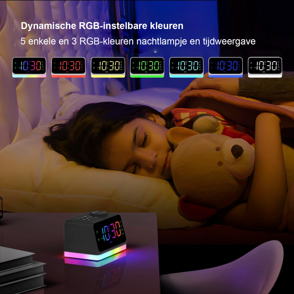 Digitale Wekker Dubbel Alarm + FM-radio LED-display met 8 kleuren 2 USB-oplaadpoorten