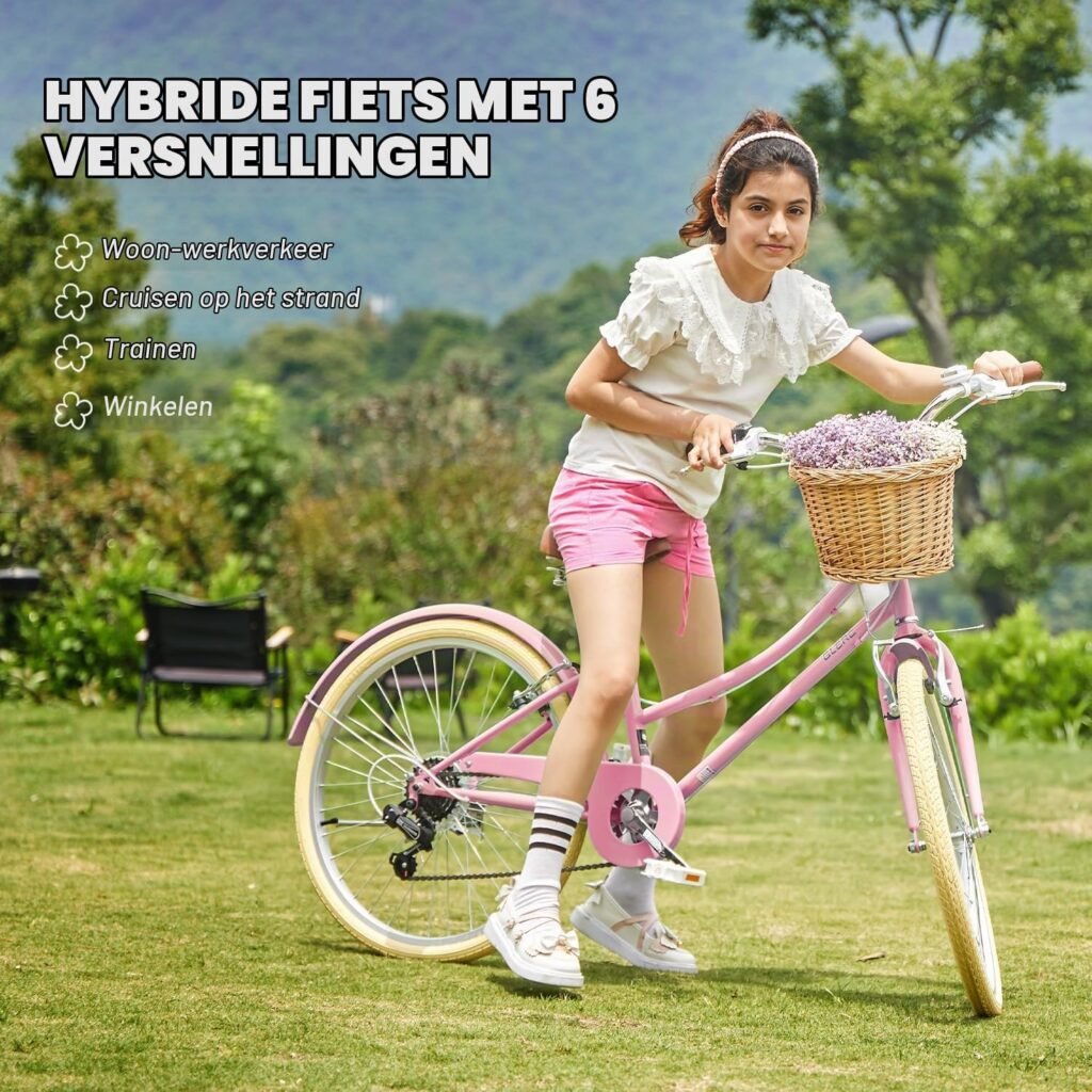Meisjesfiets 24 inch met 6 versnellingen, rieten mand, Shimano derailleur en zijstandaard – comfortabele cruiser stadsfiets voor meisjes