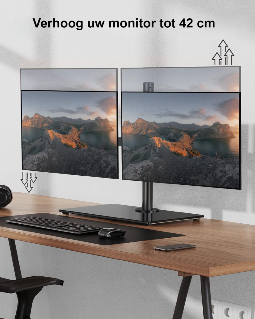 Verstelbare dubbele monitorarm voor 2 schermen - zwarte ergonomische bureau beugel, draaibaar en kantelbaar