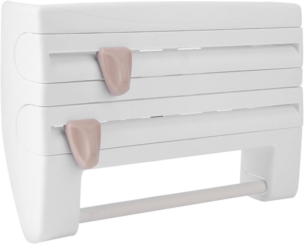 Wandhouder voor plasticfolie en keukenrol met snijbladen, multifunctioneel wit keukenrek van 39 x 10 x 24 cm