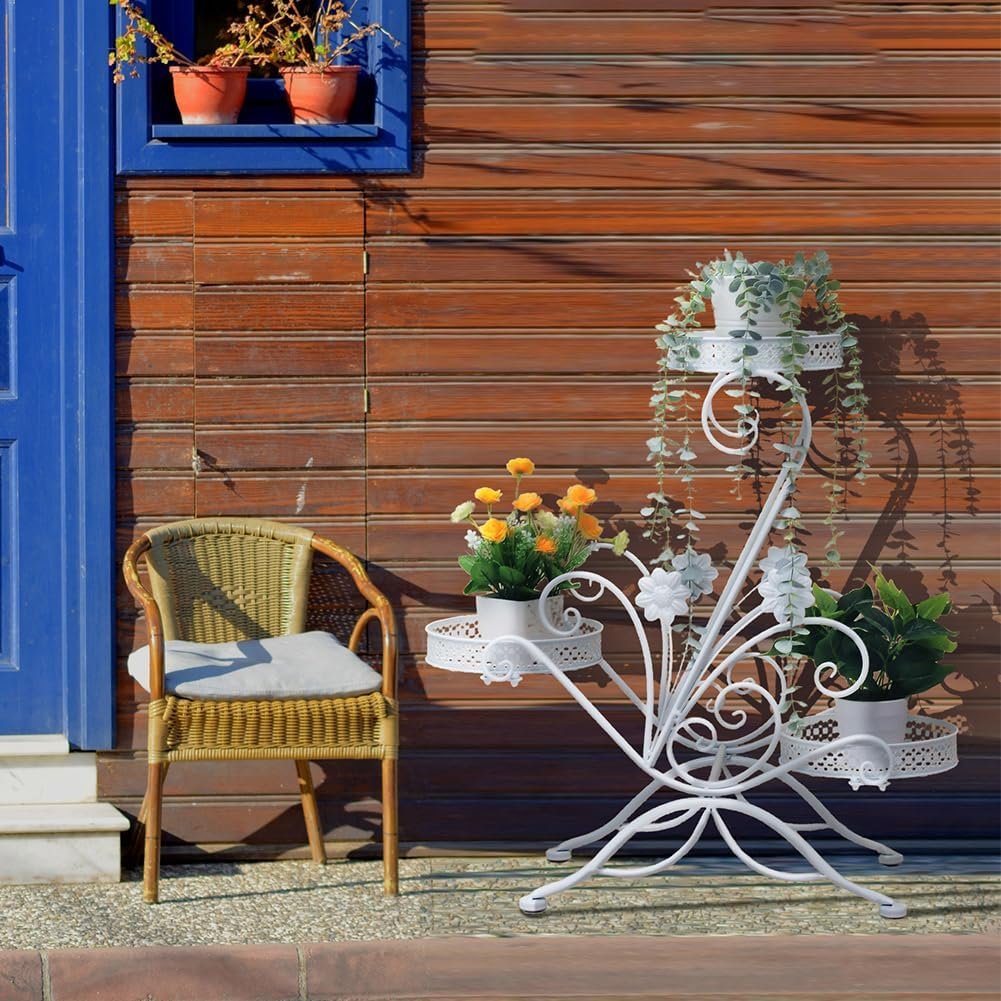 3-laags metalen plantenrek voor bloemen en planten, geschikt voor balkon, patio, tuin en binnengebruik