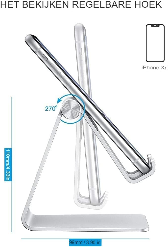 Verstelbare aluminium telefoonstandaard voor smartphone en tablet op bureau, ergonomisch design voor handsfree gebruik