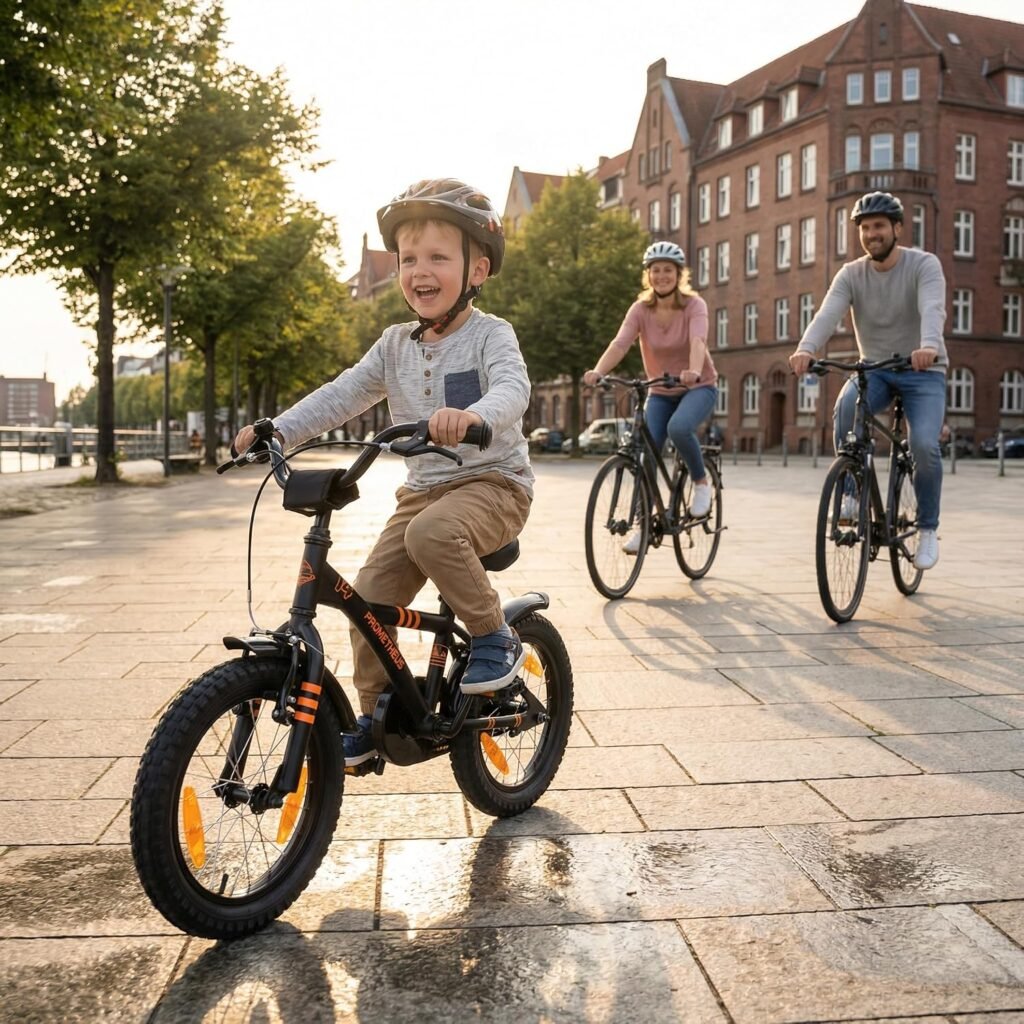 Kinderfiets 14 inch zwart mat met oranje accenten, zijwieltjes, terugtraprem en verstelbaar zadel en stuur