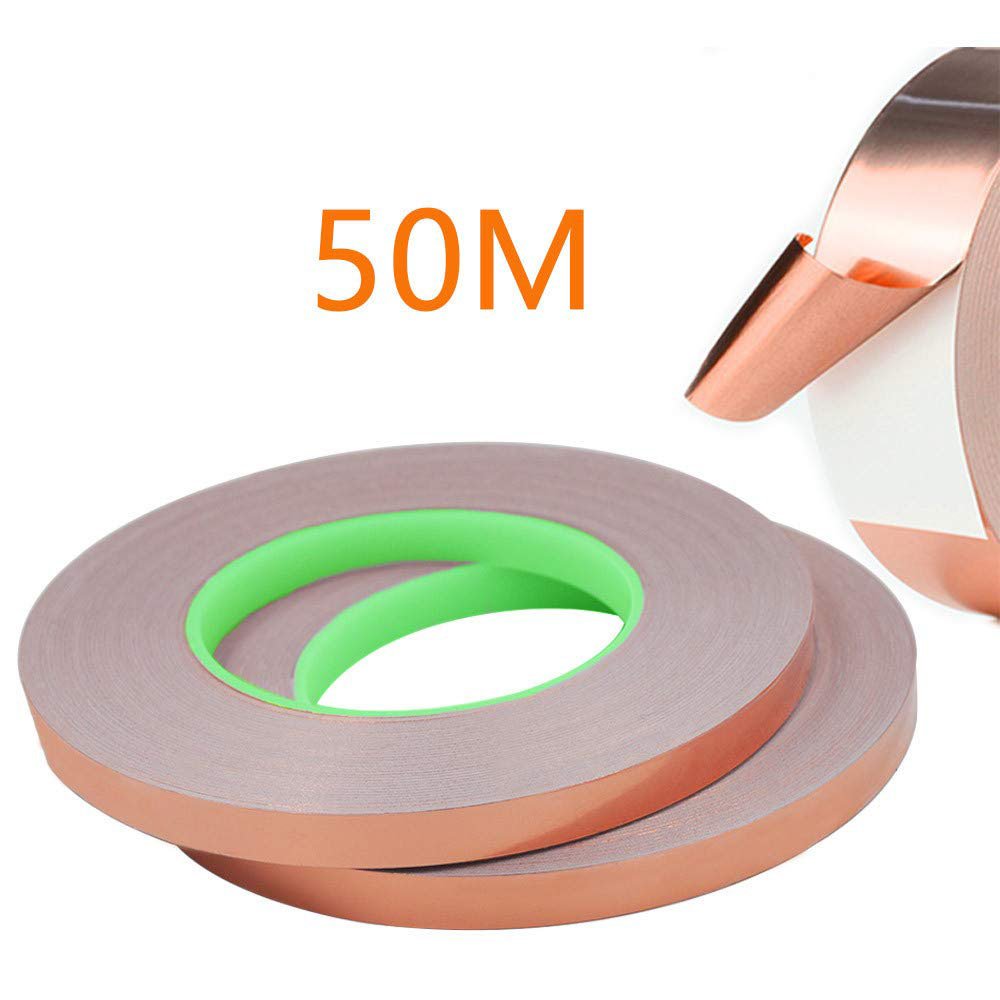 Dubbelzijdige koperen folietape 50 m x 10 mm, geleidend voor EMI-afscherming, elektrische reparaties en solderen, 2 rollen