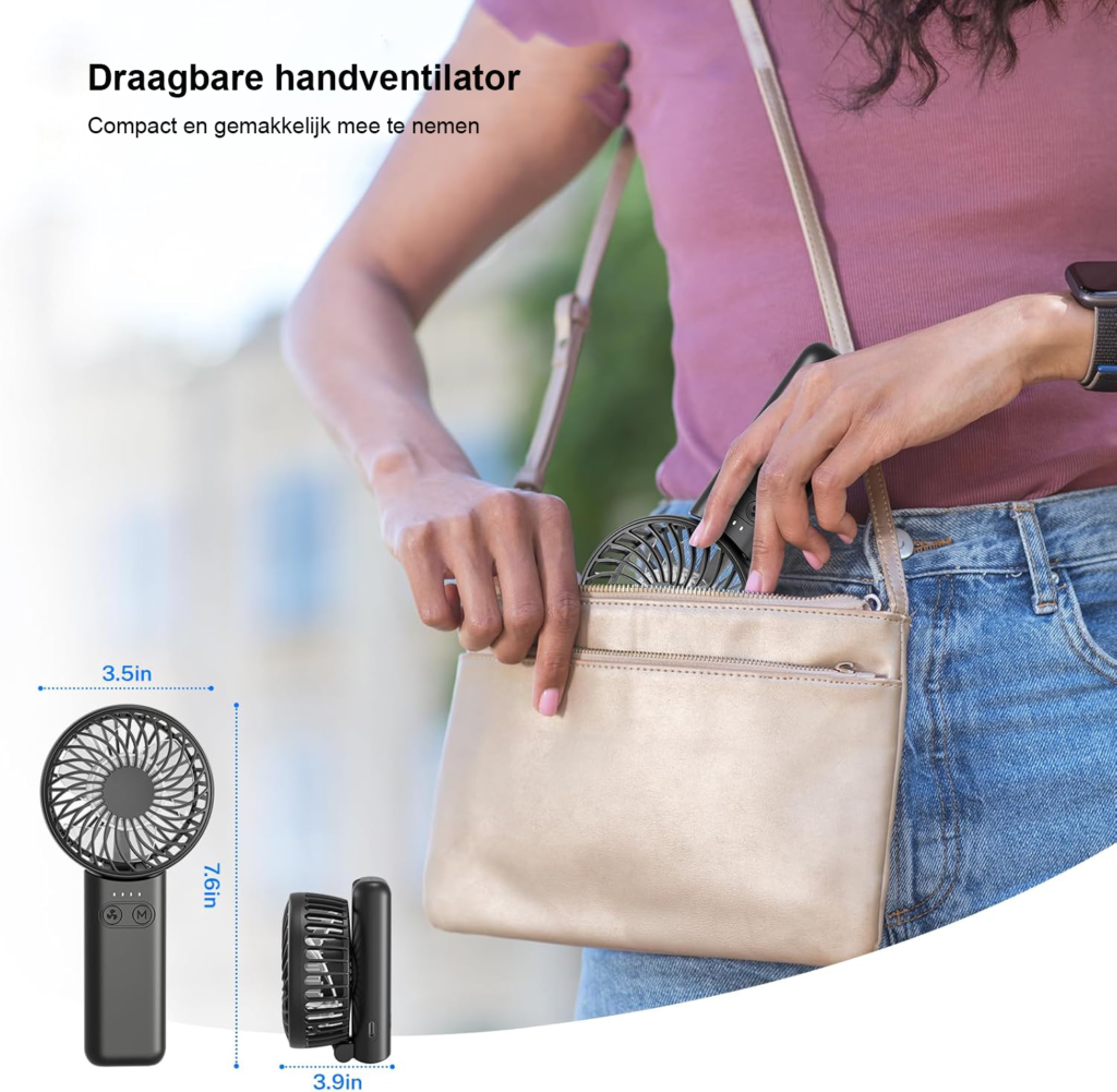 Draagbare mini ventilator 5200mAh met 3 snelheden en sterke luchtstroom, oplaadbaar met noodstroomfunctie