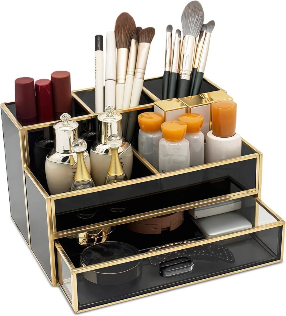 Zwarte cosmetische organizer met lades, glazen make-up opberger en kwastenhouder