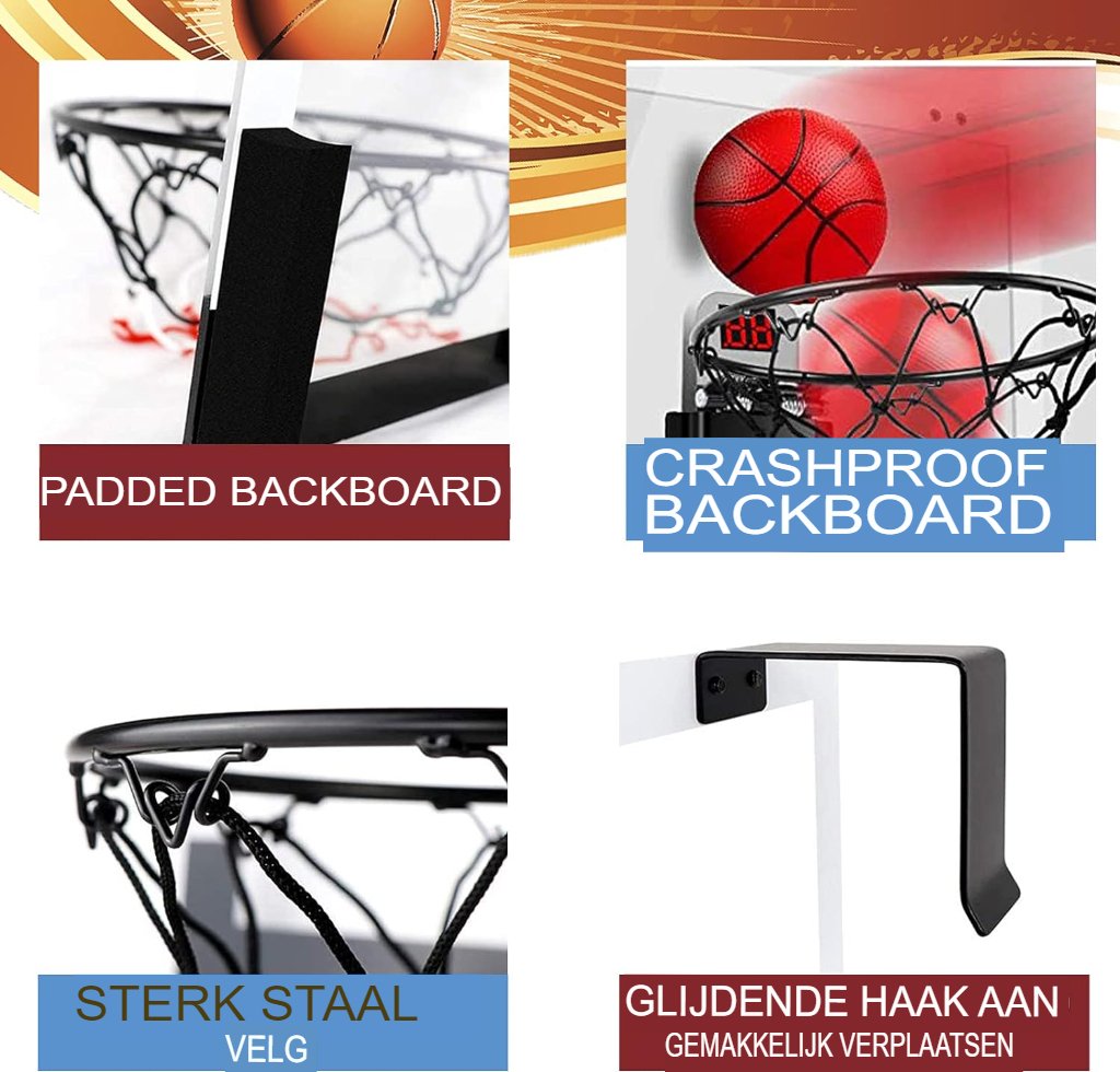 Mini basketbalkorf met automatische teruggave en bal voor indoor basketbal, geschikt voor kinderen en volwassenen