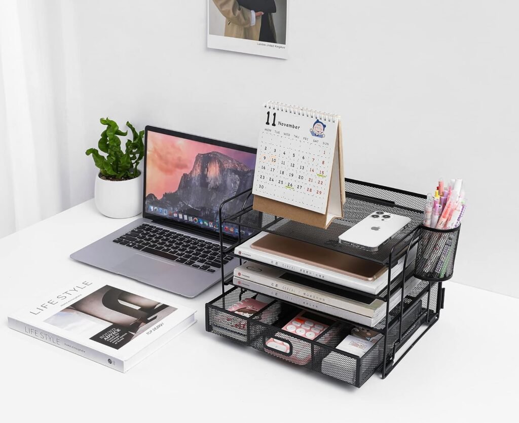 Multifunctionele desktop organizer voor kantoorbenodigdheden en documenten met lades